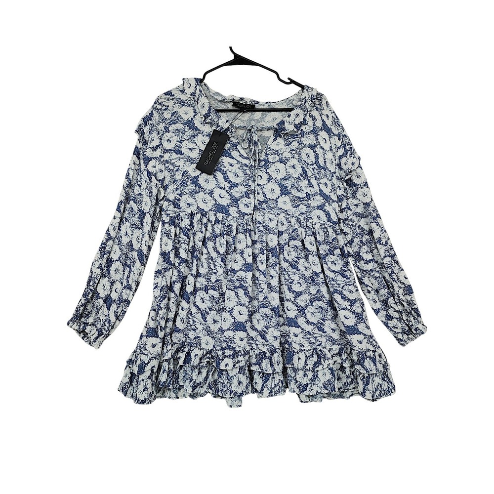 Rachel Zoe Babydoll Dress L Blue Floral Boho Peasant Ruffle Tie Whimsical Fairy